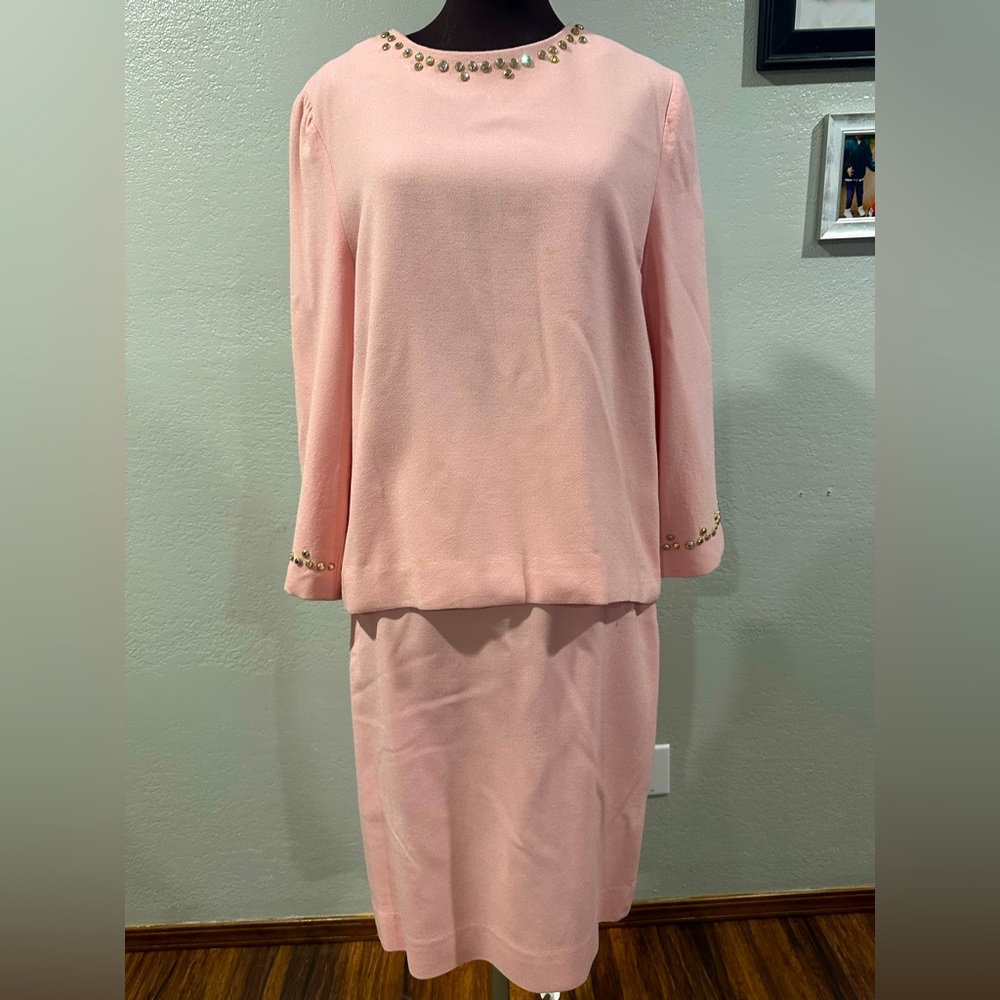 Vintage Union Made Adele Simpson Embellished  Pink Suit 14 fits 8-10